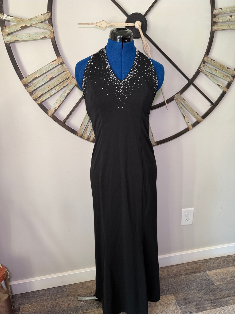 Niki Livas Black Halter Maxi Dress with with Sparkling Accents Neckline